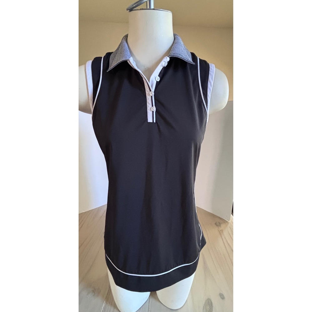 Lady Hagen Womens Sleeveless Golf Polo Shirt Black White Striped Collar Small